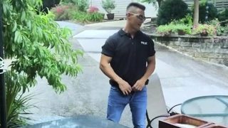 Security guard having fun with trespasser by the pool